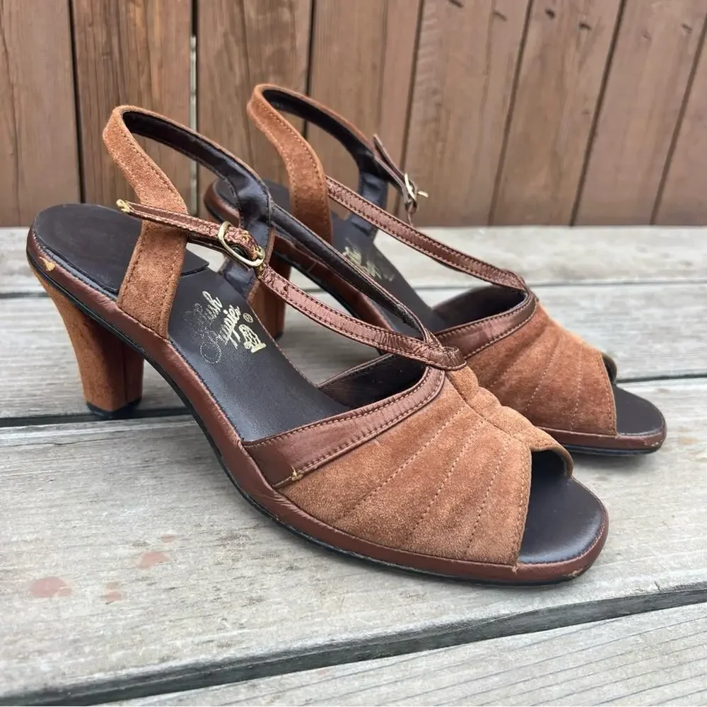 VTG 70s Hush Puppies Brown Velvet Sling Back Heels 8 1/2M